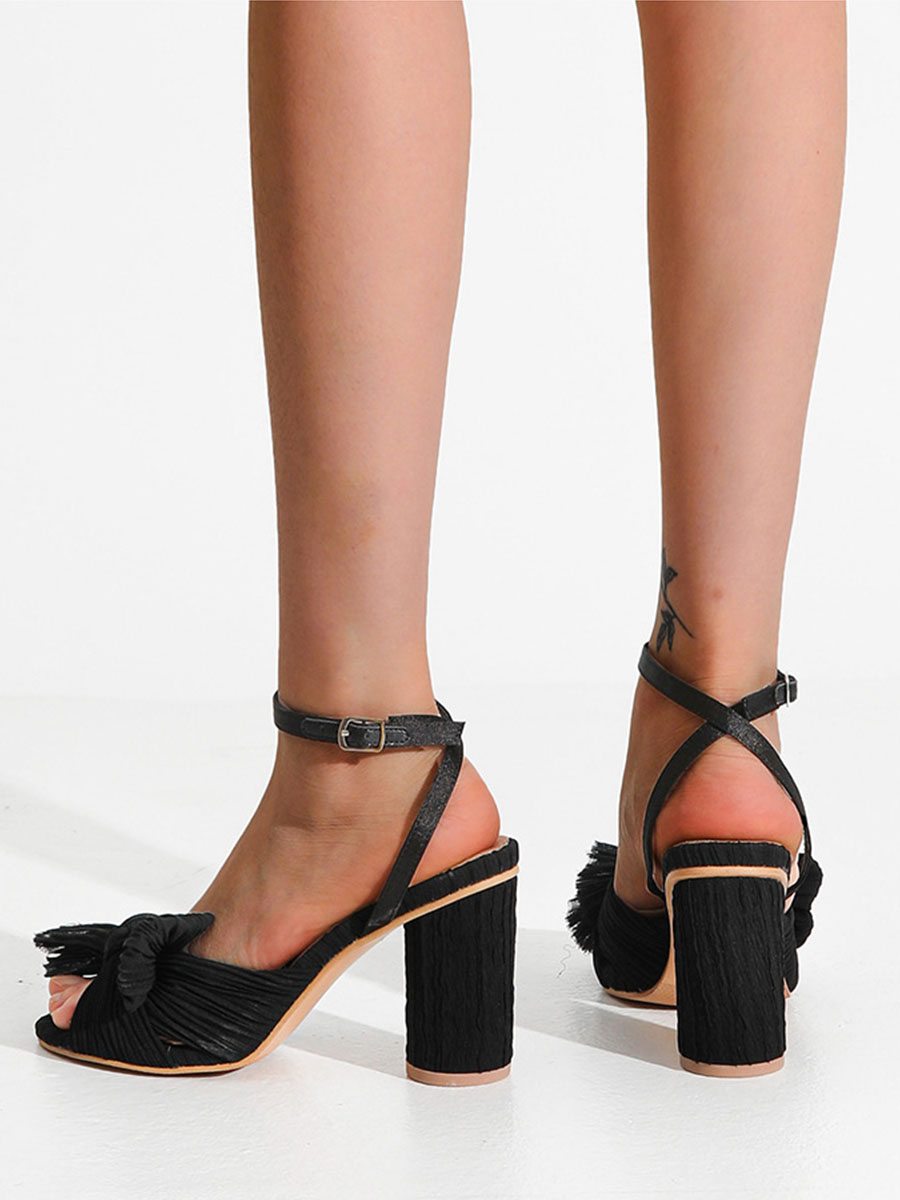 Women’s Satin Pleated Bows Ankle Strap Open Toe Block Heels Sandals (3)