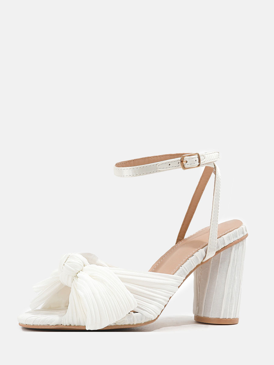 Women's Satin Pleated Bows Ankle Strap Open Toe Block Heels Wedding Sandals