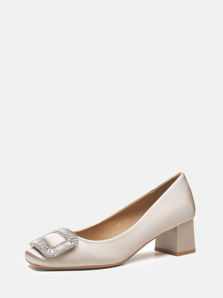 Women’s Satin Square Toe Rhinestone Buckle Block Heels Pumps