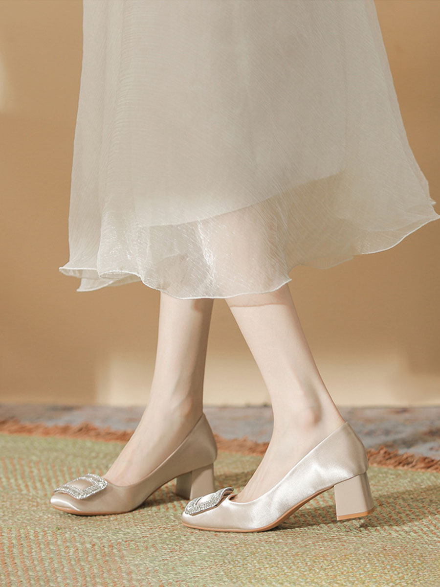 Women’s Satin Square Toe Rhinestone Buckle Block Heels Pumps (8)