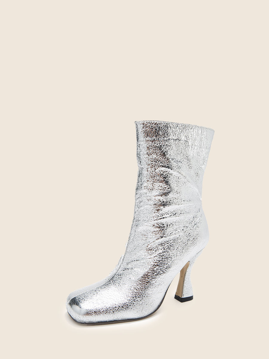 Women’s Silver Cracked Synthetic PU Square Toe Zipper Cone Heels Mid Calf Boots (3)