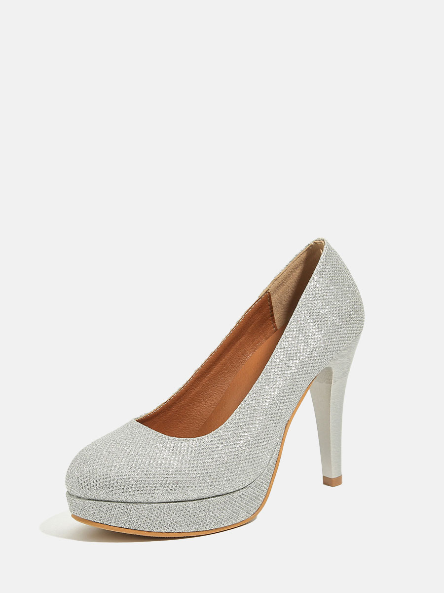 Women's Silver Glitter PU Round Toe Platform Stiletto Heels Pumps