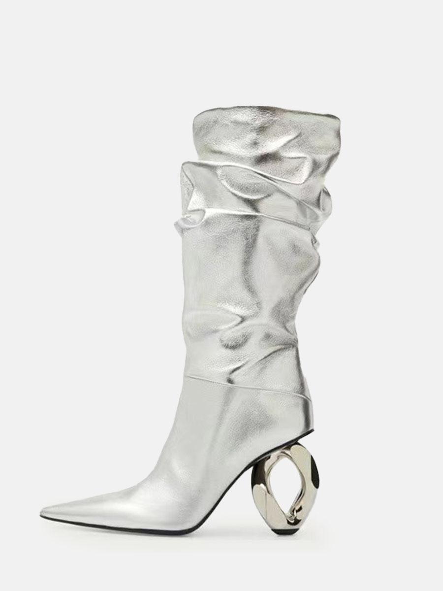 Women's Silver Metallic Microfiber Pointed Toe Metal Block Heels Mid Calf Slouchy Boots