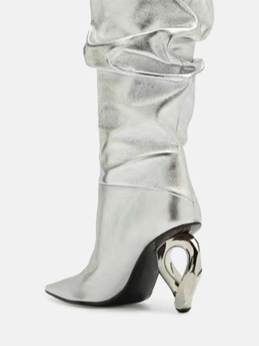 Women’s Silver Metallic Microfiber Pointed Toe Metal Block Heels Mid Calf Slouchy Boots (3)