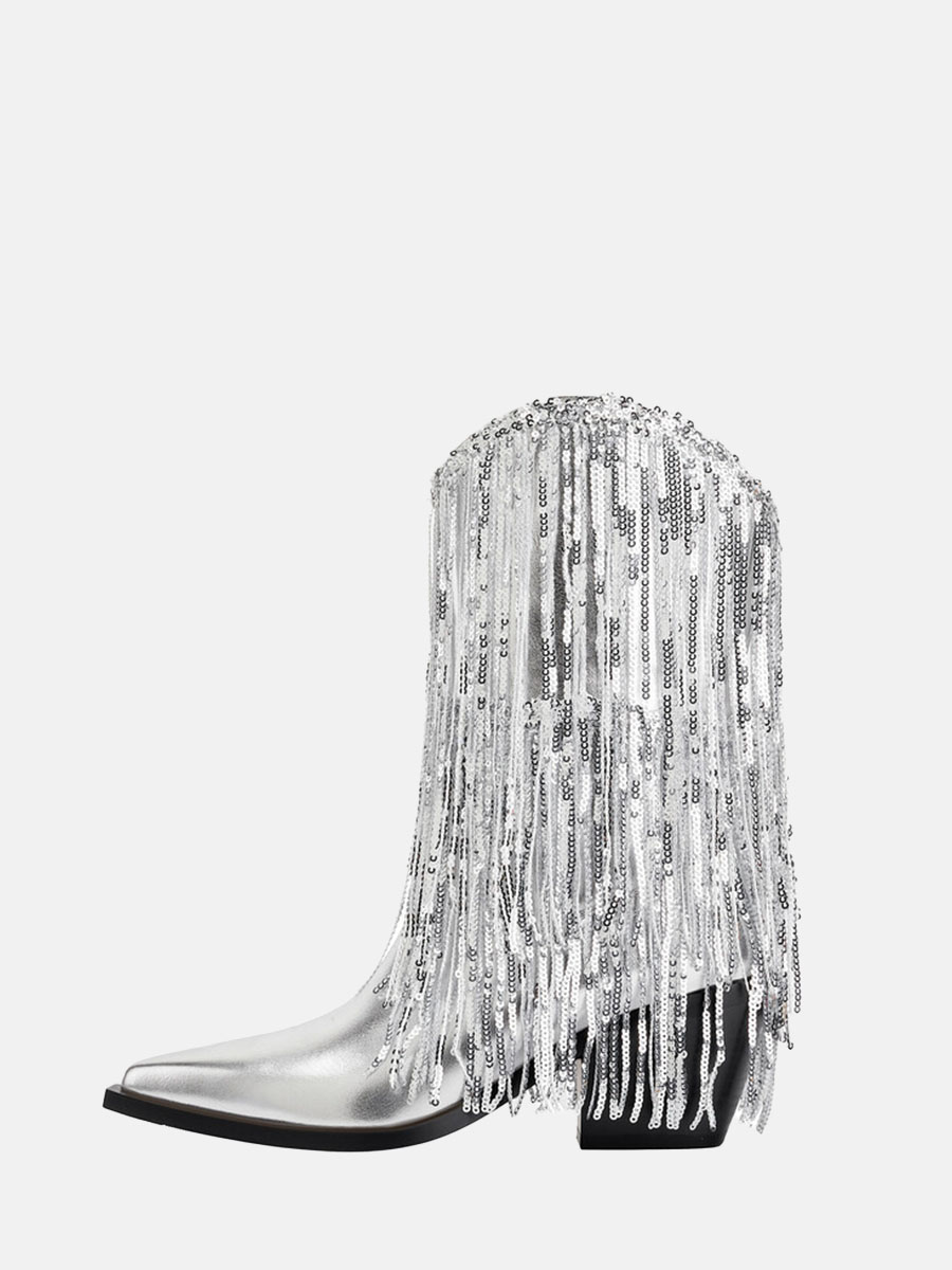 Women's Silver Metallic PU Fringe Sequin Square Toe Block Heels Mid Calf Boots