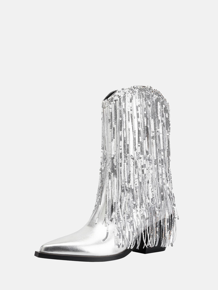 Women’s Silver Metallic PU Fringe Sequin Square Toe Block Heels Mid Calf Boots (3)