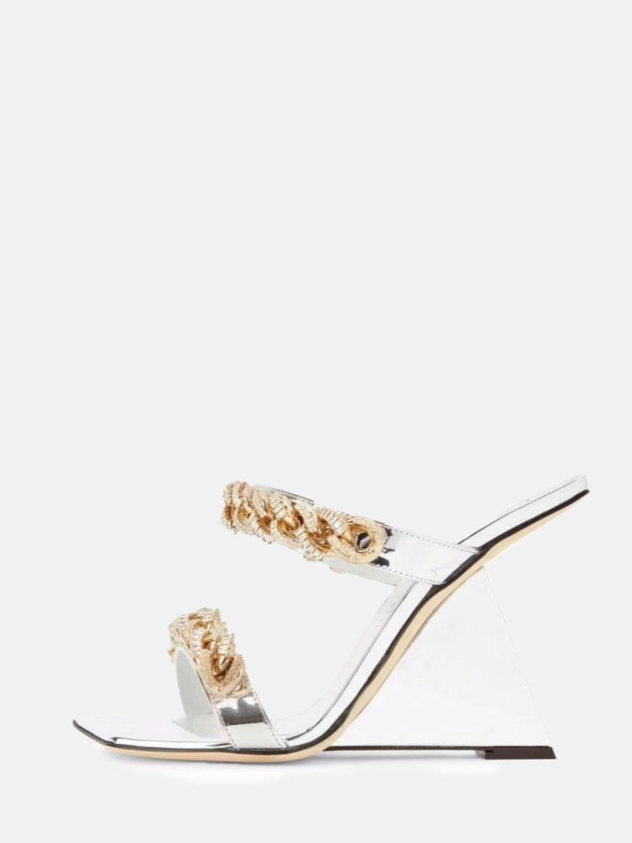 Women's Silver Microfiber Chain Embellished Square Toe Wedge Heels Sandals