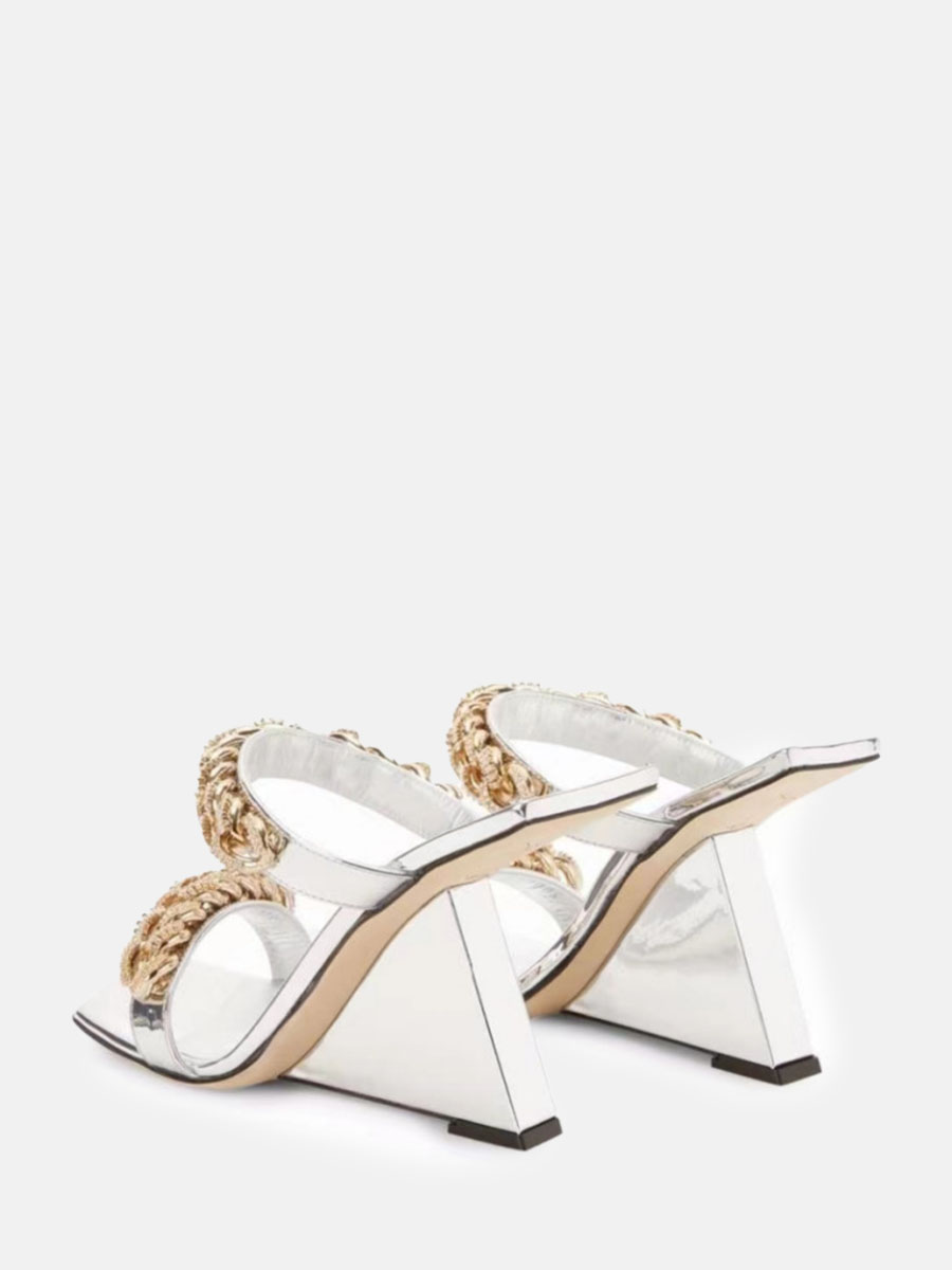 Women’s Silver Microfiber Chain Embellished Square Toe Wedge Heels Sandals (2)