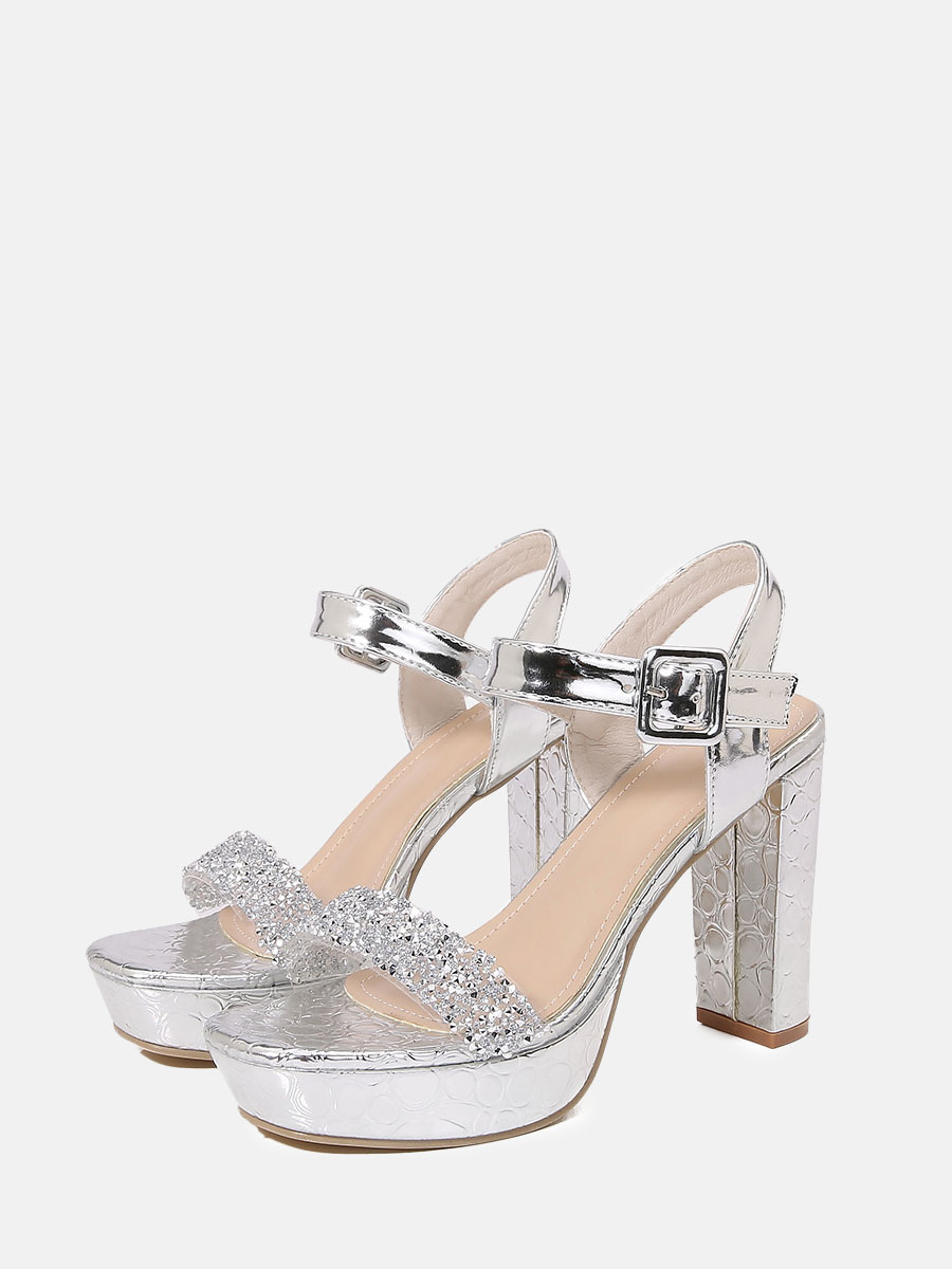 Women’s Silver PU Rhinestone Buckle Strap Platform Block Heels Slingback Sandals (1)