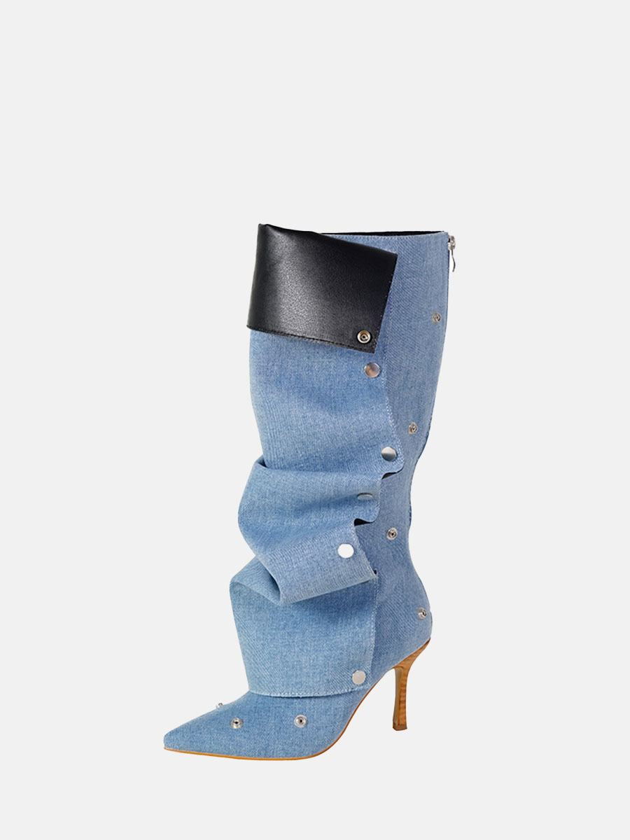 Women’s Studs Slouchy Boots Pointed Toe Stiletto Heel Knee High Boots