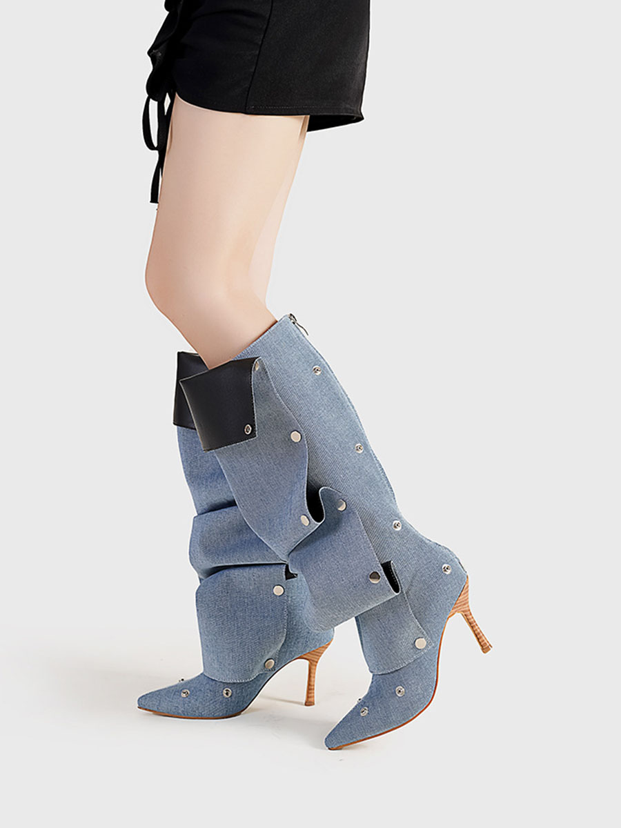 Women’s Studs Slouchy Boots Pointed Toe Stiletto Heel Knee High Boots (8)