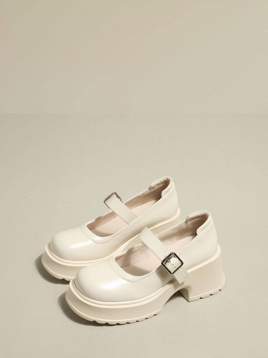 Women’s White Cowhide Platform Mary Jane Round Toe Buckle Chunky Heels (1)