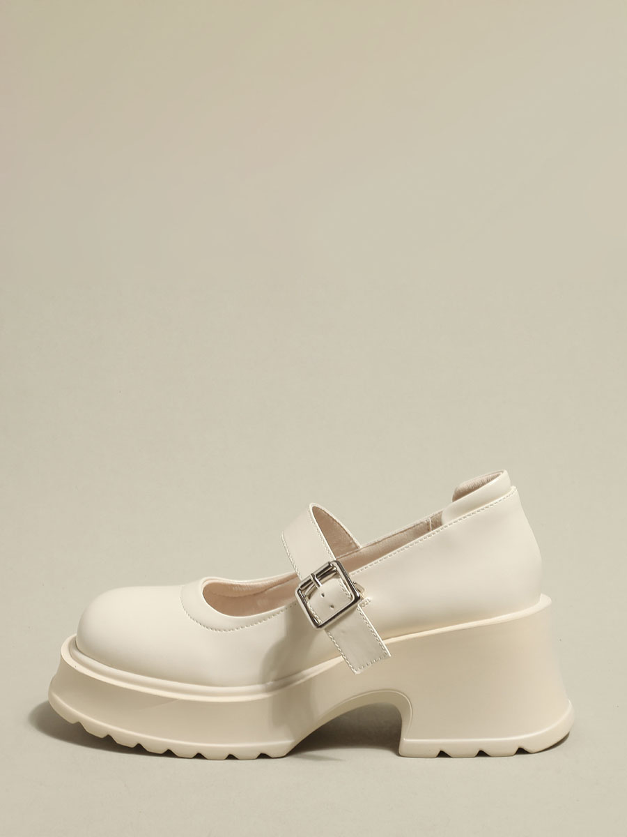 Women's White Cowhide Lug Sole Platform Mary Jane Buckle Round Toe Block Heels Pumps