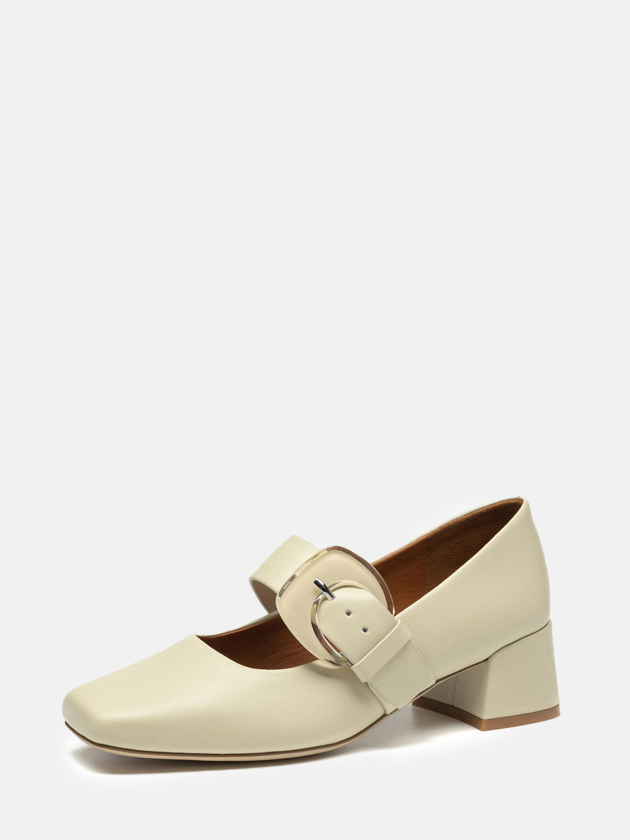 Women’s White Lambskin Buckle Mary Jane Square Toe Block Heels Pumps (5)