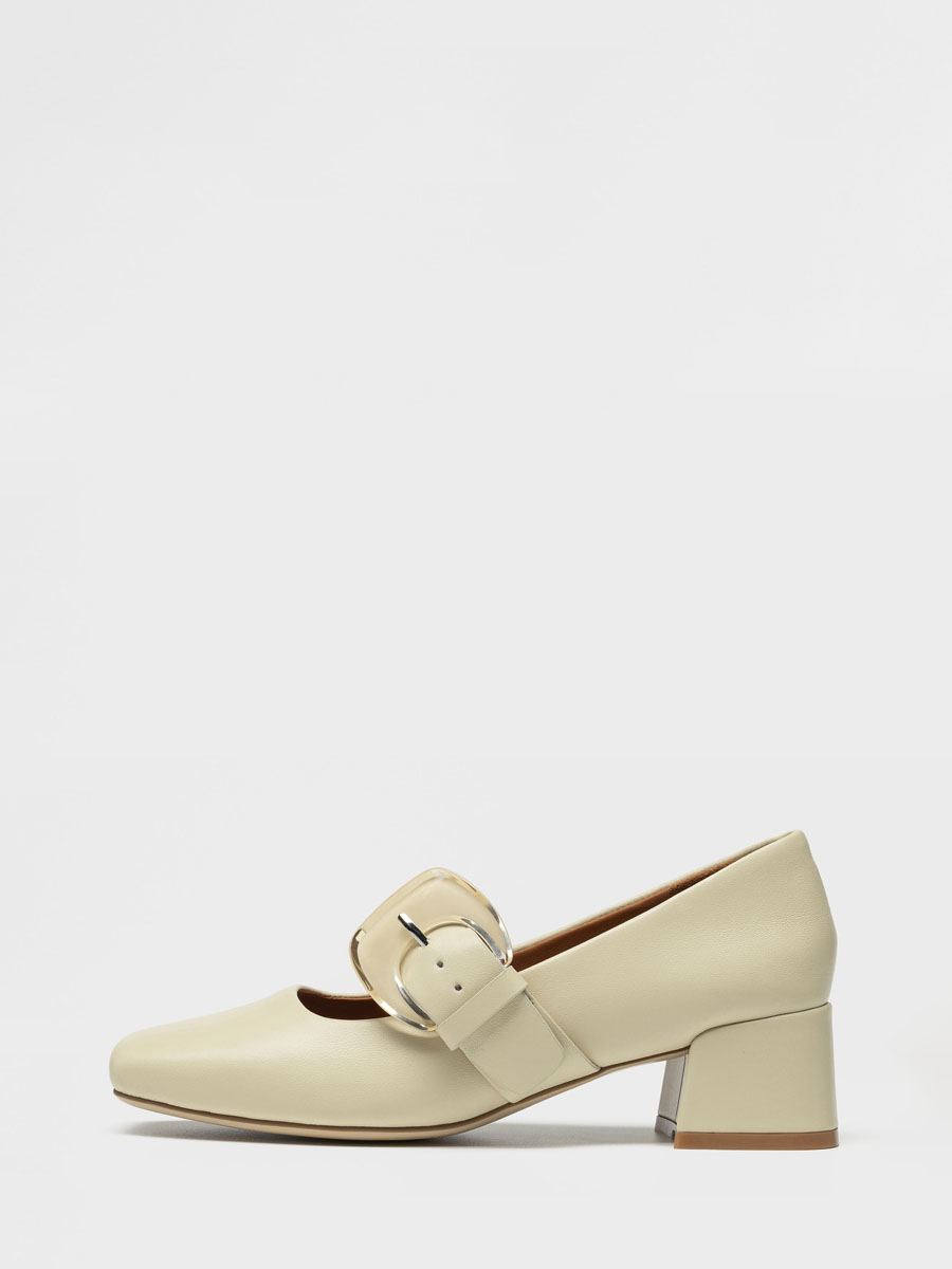 Women's White Lambskin Buckle Mary Jane Square Toe Block Heels Pumps