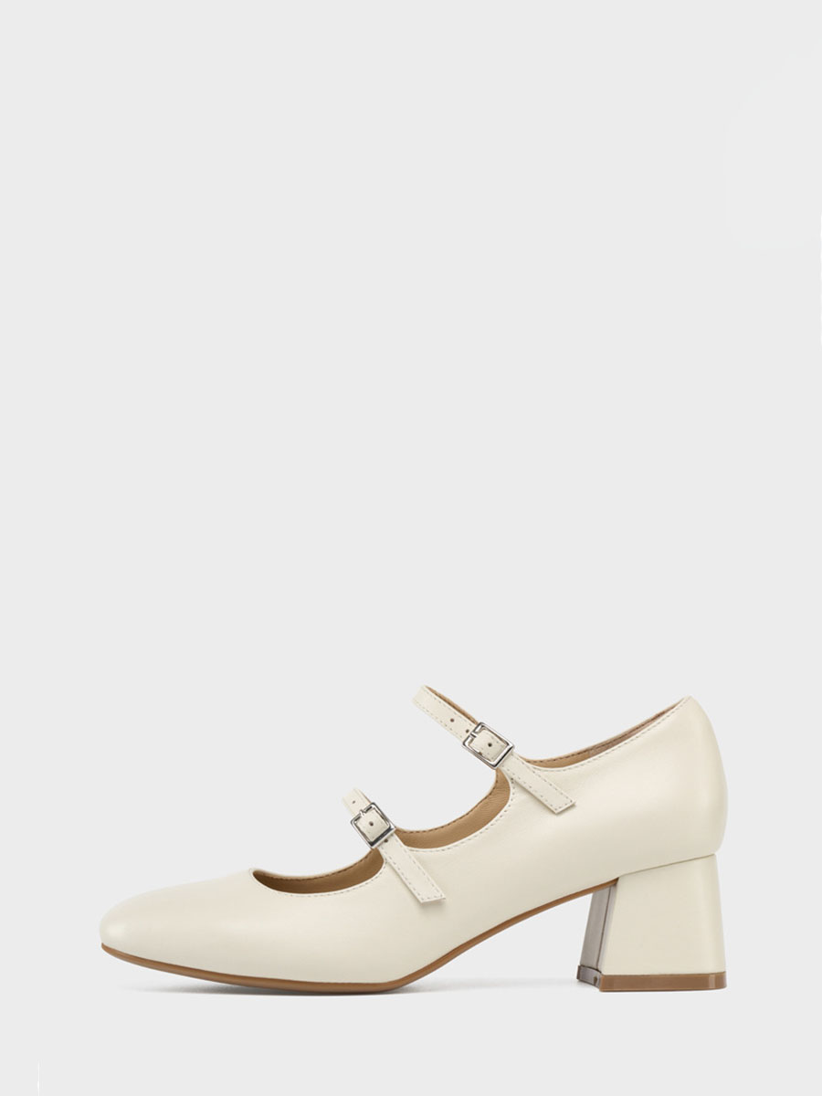 Women's White Lambskin Double Strap Mary Jane Round Toe Block Heels Pumps