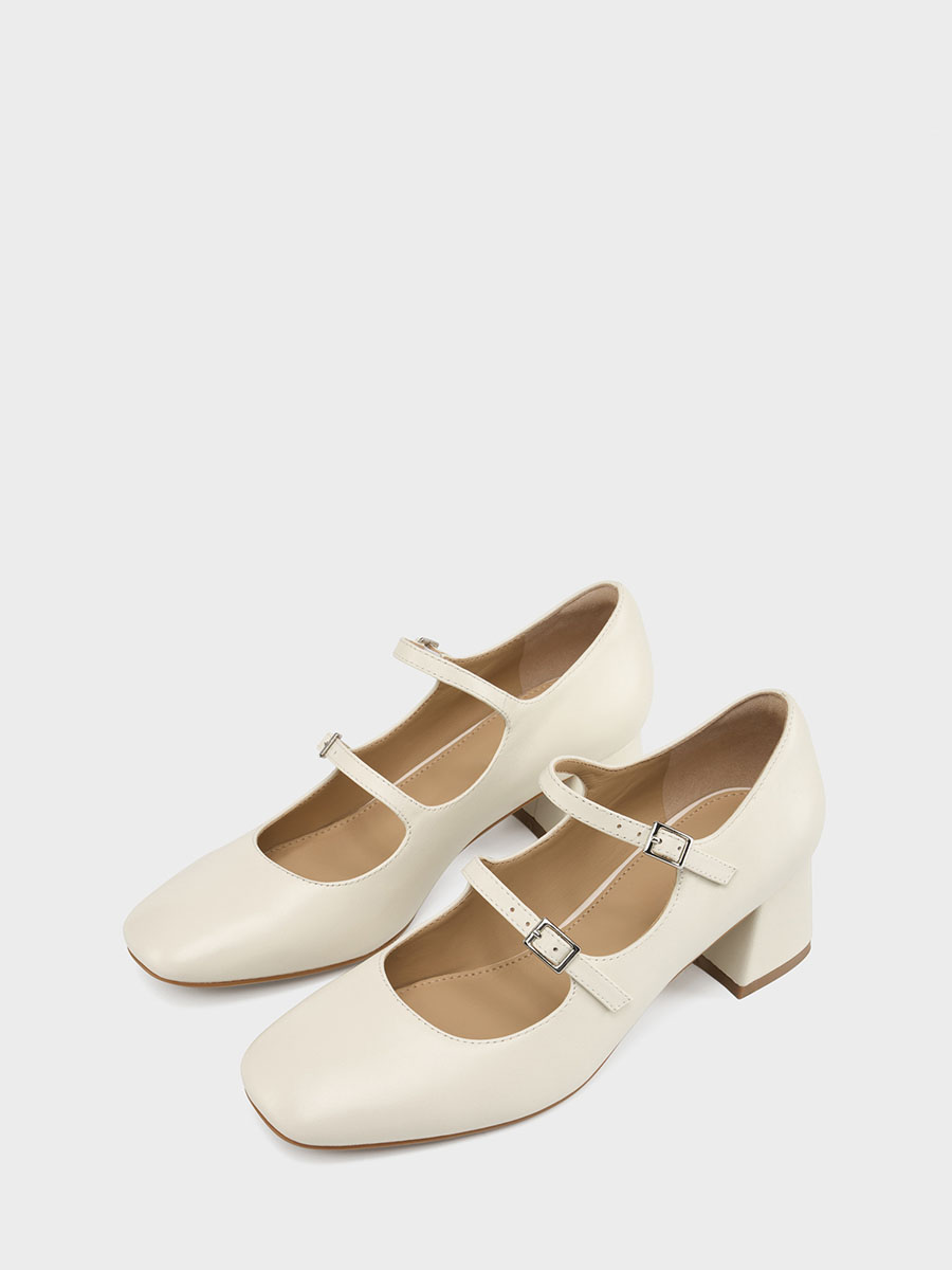 Women’s White Lambskin Double Strap Mary Jane Round Toe Block Heels Pumps (3)