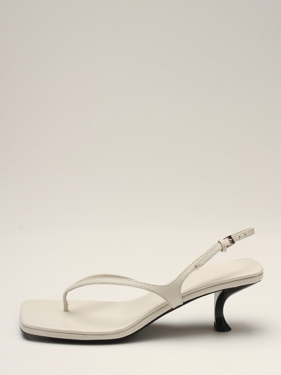 Women’s White Lambskin Slingback Thong Sandals Square Toe Kitten Heels