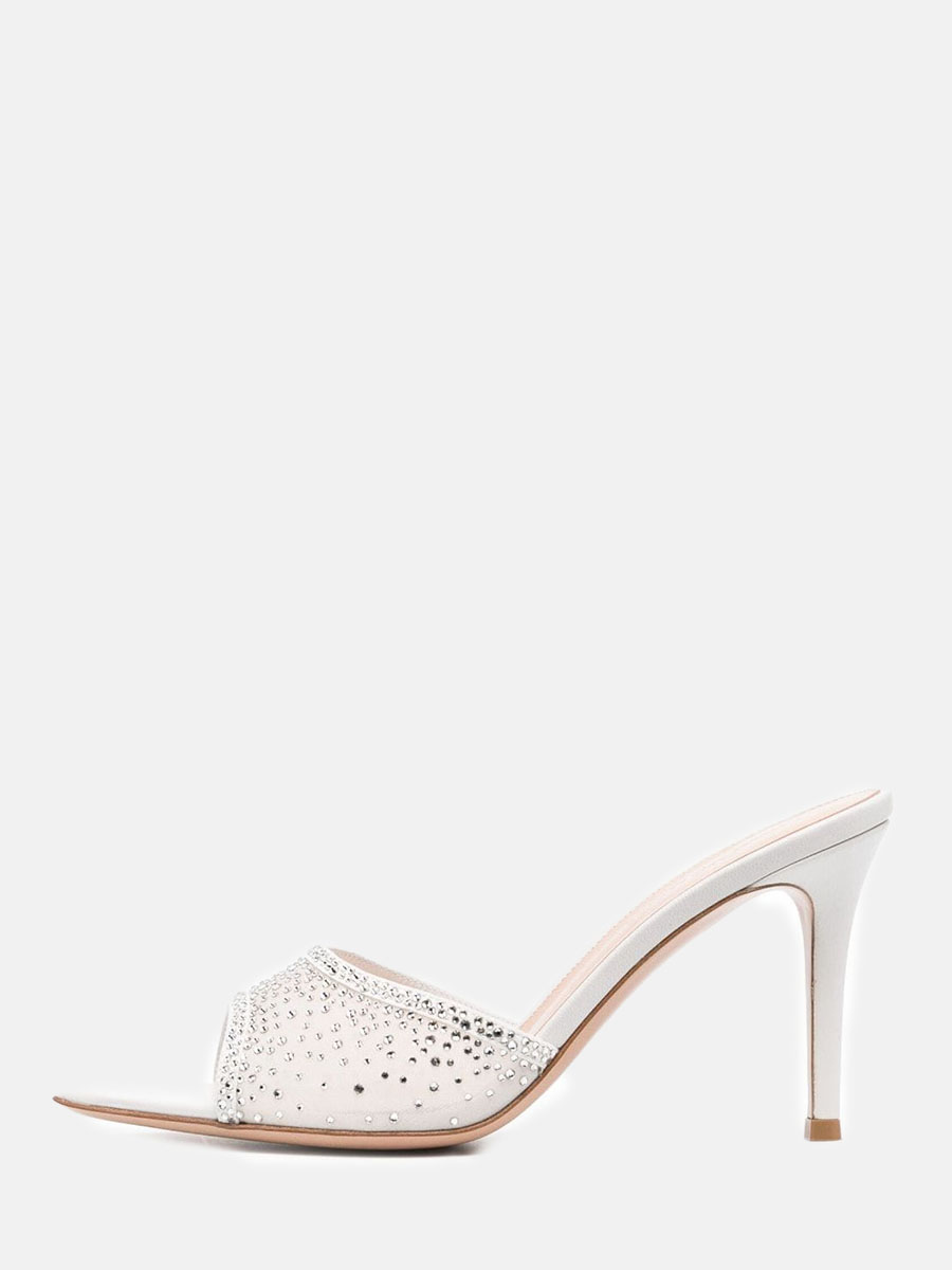Women’s White Mesh Rhinestone Mule Stiletto Heel Sandals