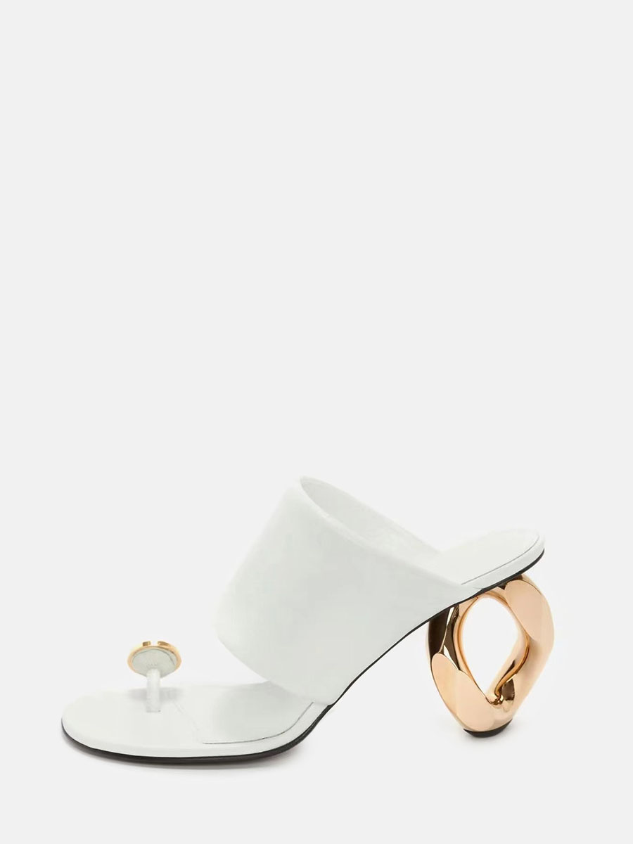 Women's White Microfiber Rhinestone Special Shaped Metal Heel Open Toe Mules Sandals