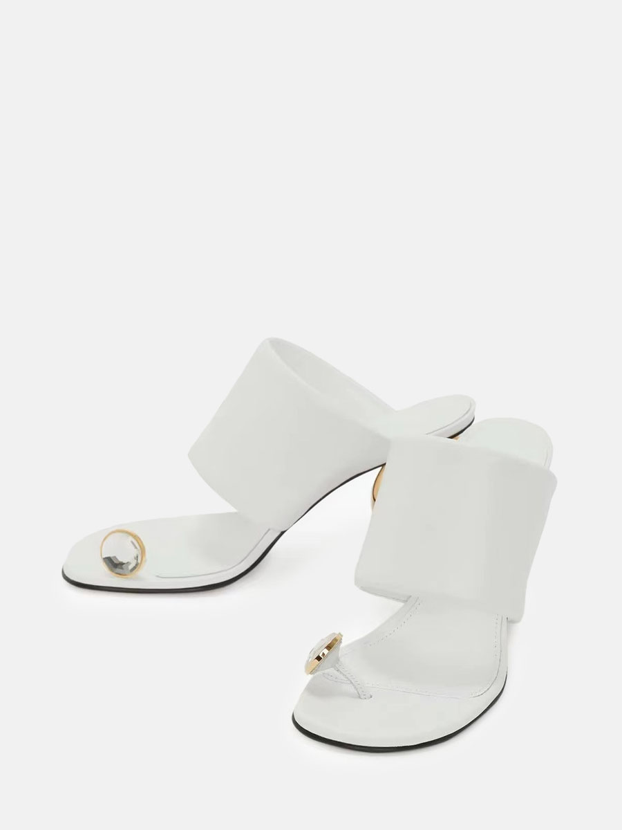 Women’s White Microfiber Rhinestone Special Shaped Metal Heel Open Toe Mules Sandals (2)