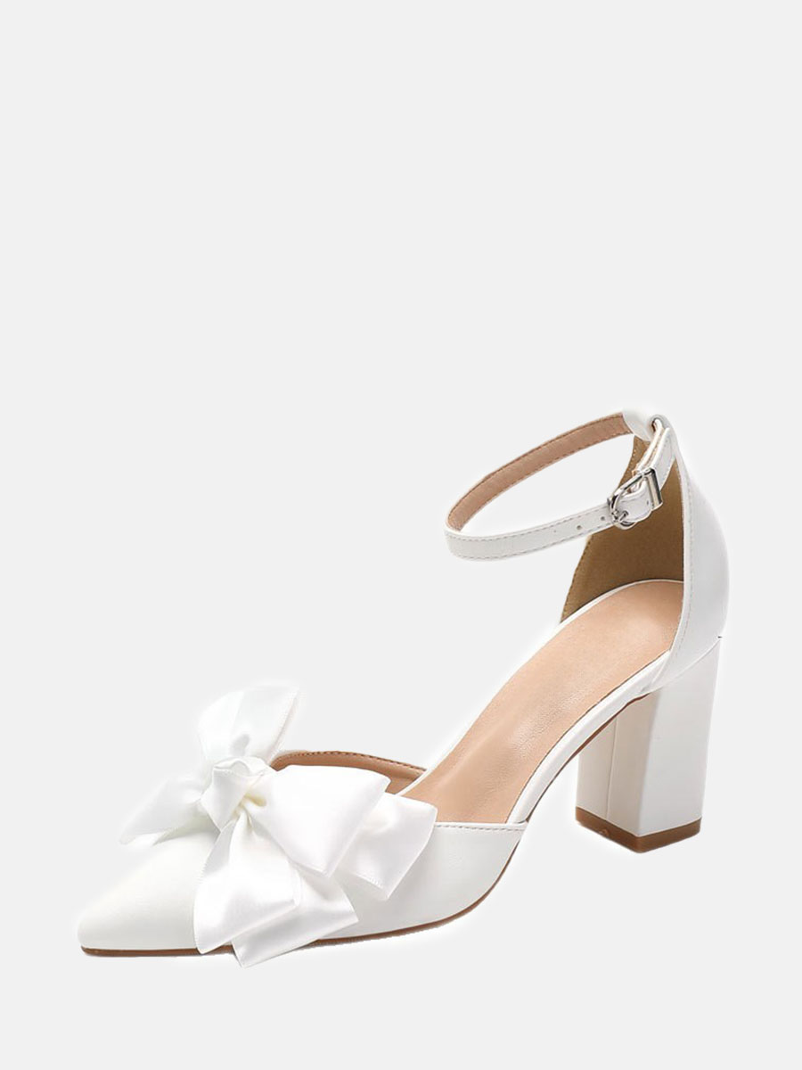 Women's White PU Bow Ankle Strap Buckle Pointed Toe Block Heels Pumps