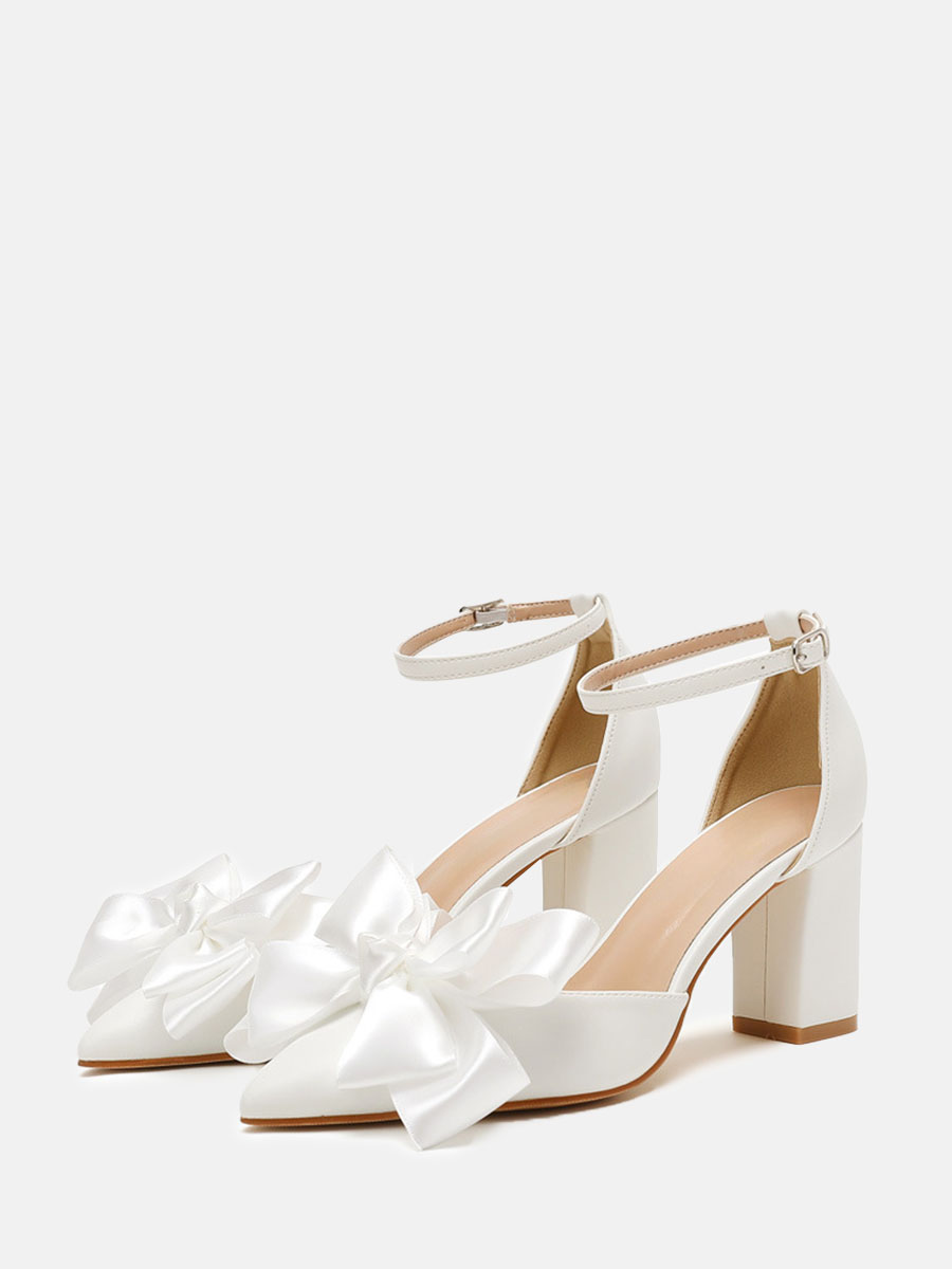 Women’s White PU Bow Ankle Strap Buckle Pointed Toe Block Heels Pumps (3)