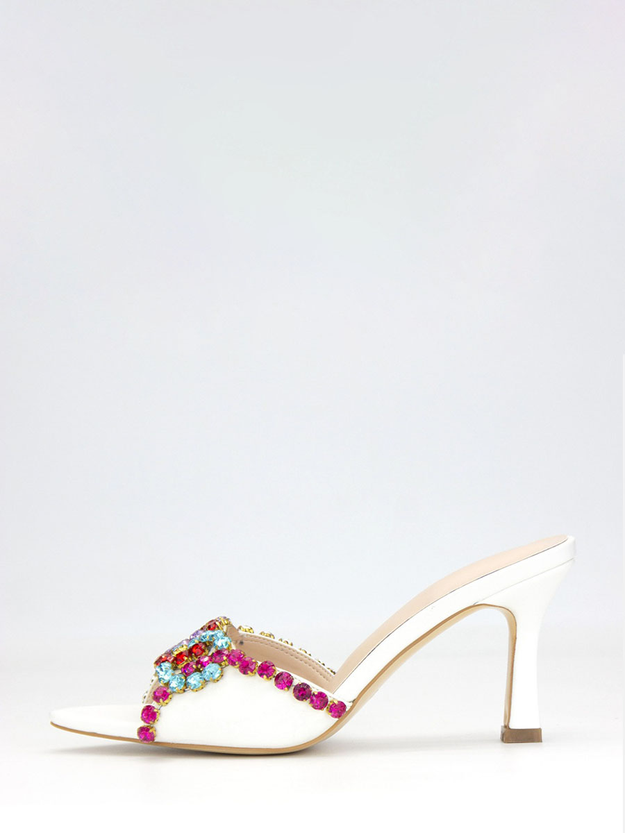 Women's White PU Rhinestone Embellished Open Toe Stiletto Heels Mules Sandals