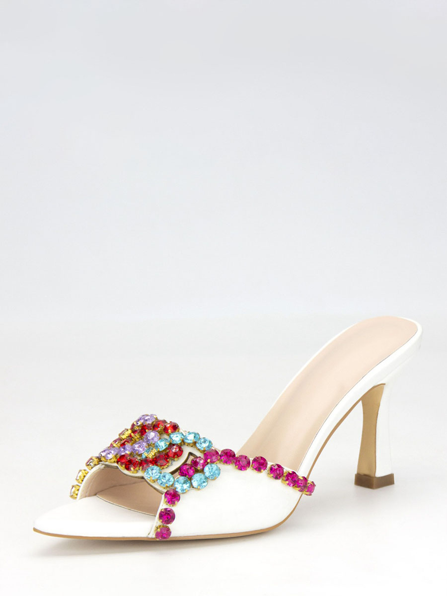 Women’s White PU Rhinestone Embellished Open Toe Stiletto Heels Mules Sandals (3)