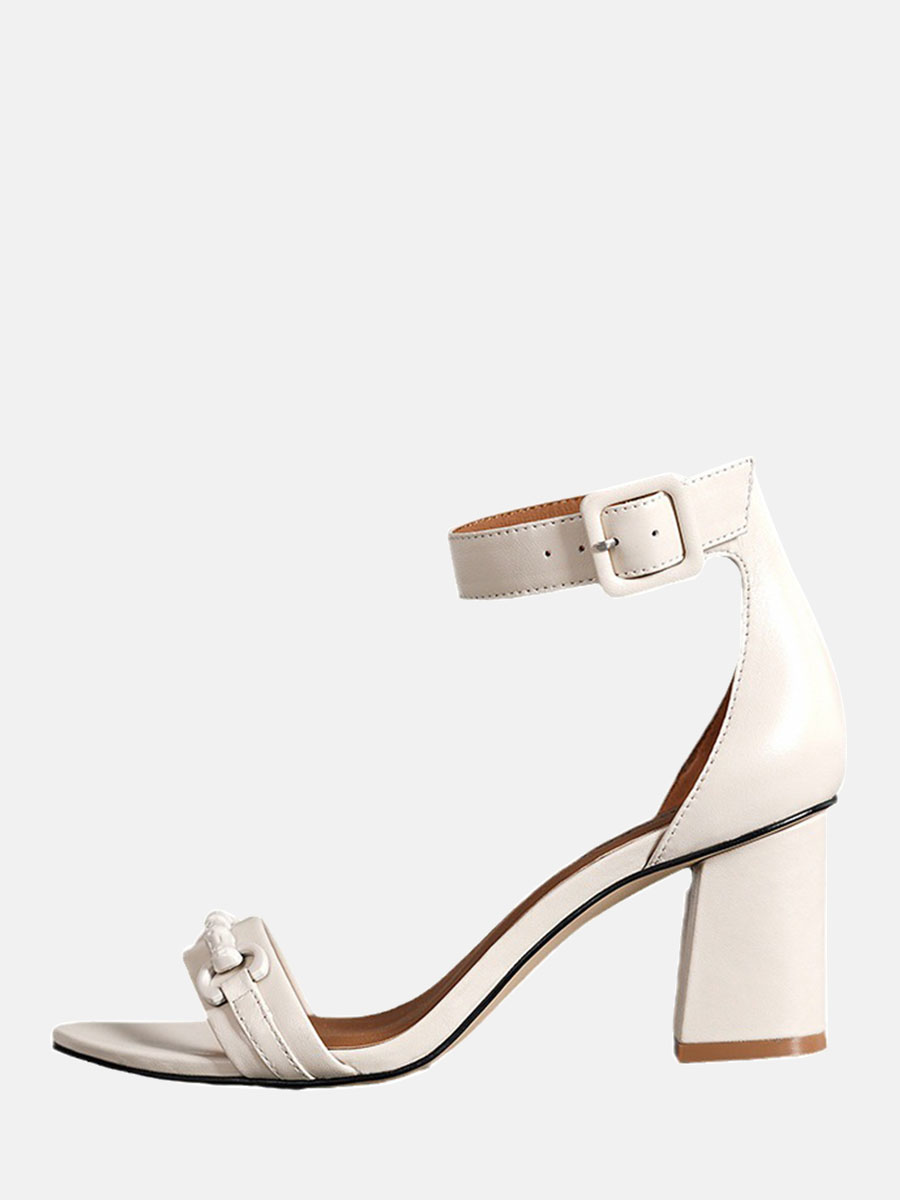Women's White Soft Goatskin Ankle Strap Open Toe Block Heels Sandals
