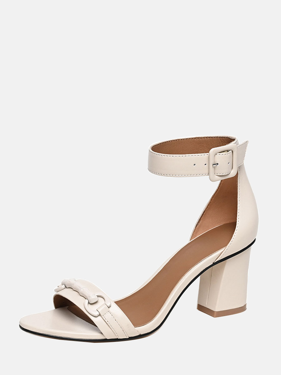 Women’s White Soft Goatskin Ankle Strap Open Toe Block Heels Sandals (2)