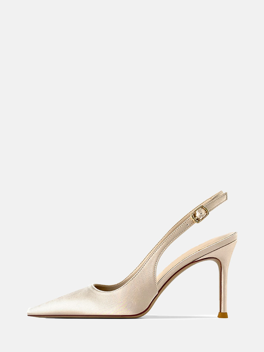 Women’s Beige Satin Slingback Buckle Stiletto Heels Pointed Toe Pumps (1)