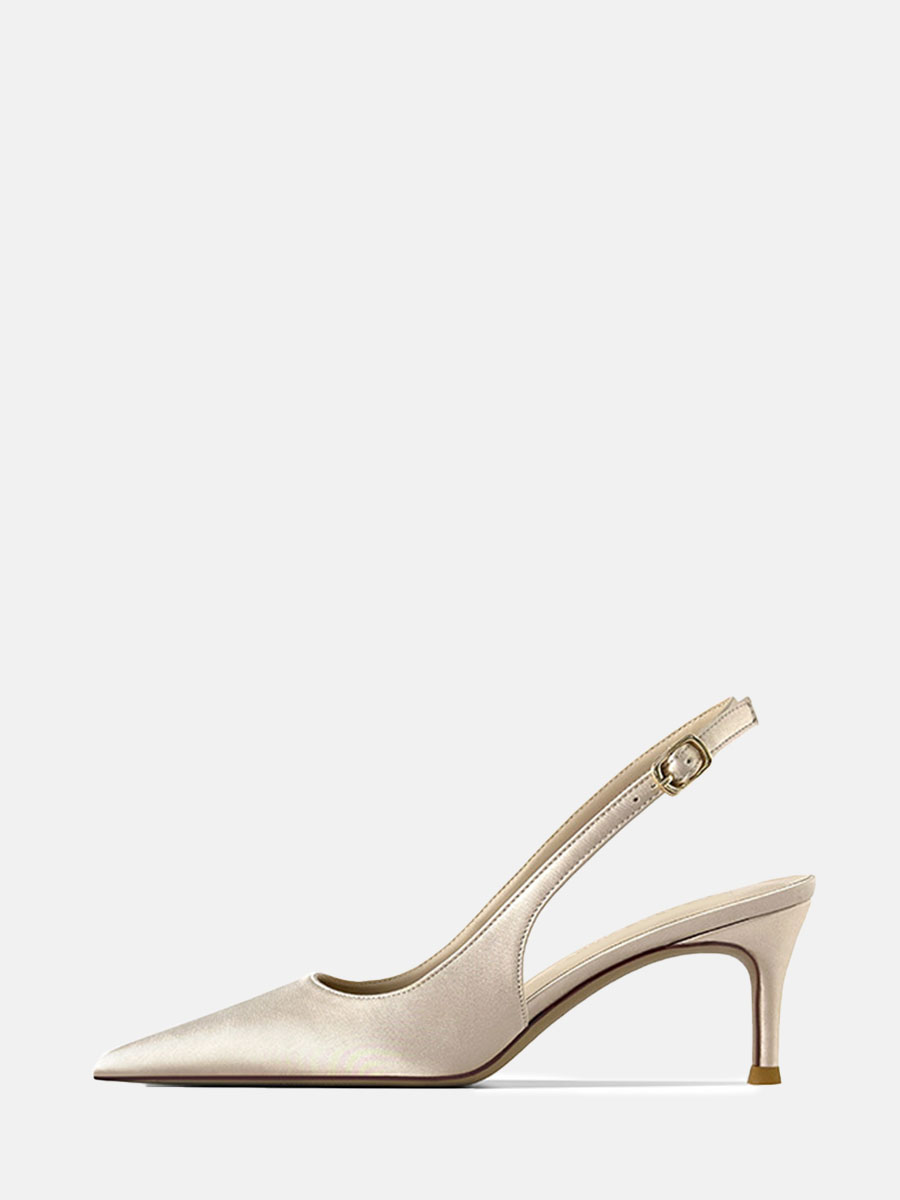 Women's Beige Satin Slingback Buckle Stiletto Heels Pointed Toe Pumps