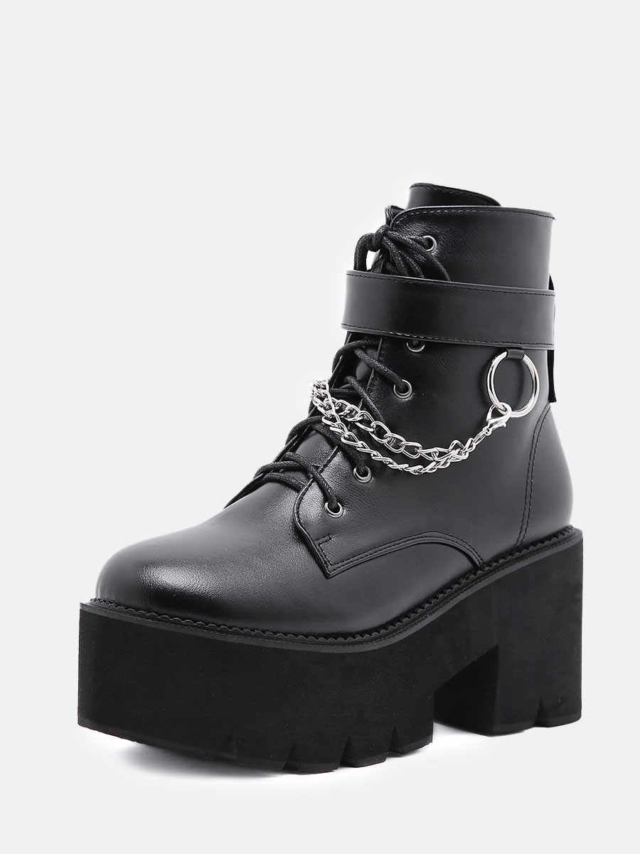 Women’s Black PU Lace-Up Chain Decor Lug Sole Platform Side Zipper Block Heels Ankle Boots (1)