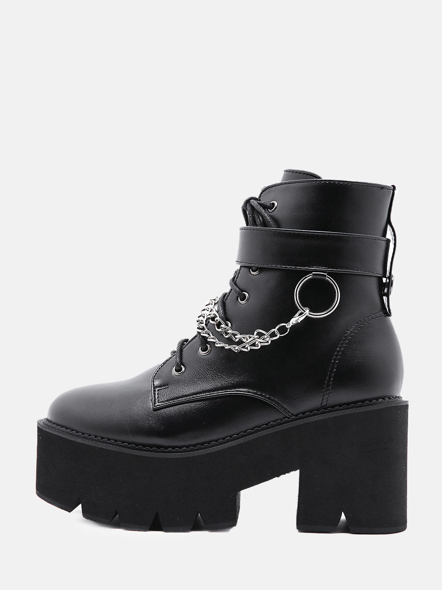 Women's Black PU Lace-Up Chain Decor Lug Sole Platform Side Zipper Block Heels Ankle Boots