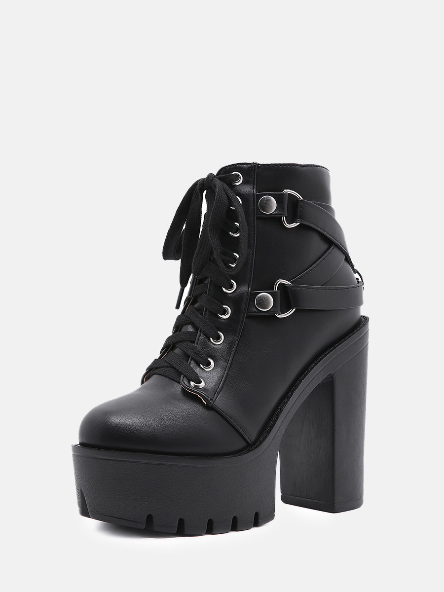 Women’s Black PU Lace-Up Lug Sole Platform Block Heels Ankle Boots (1)