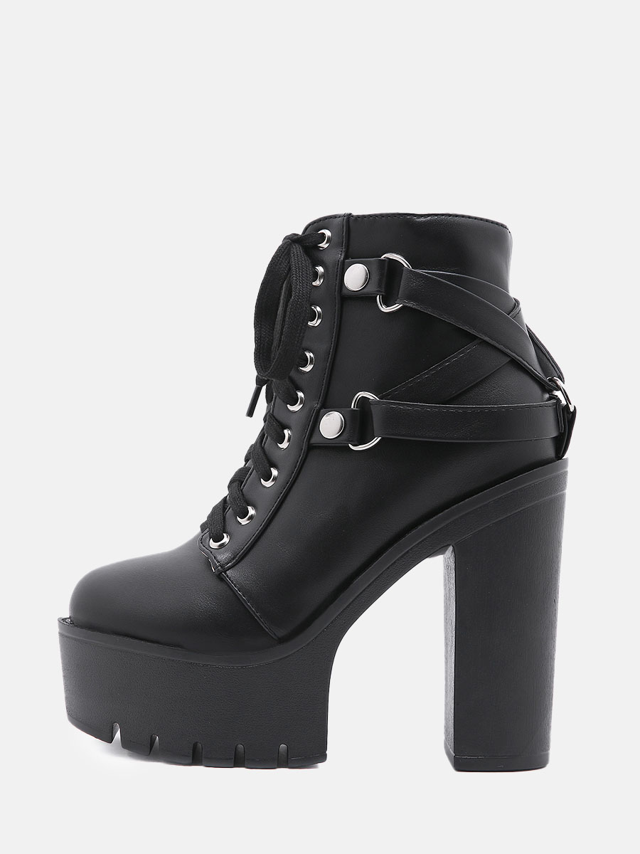 Women's Black PU Lace-Up Lug Sole Platform Block Heels Ankle Boots