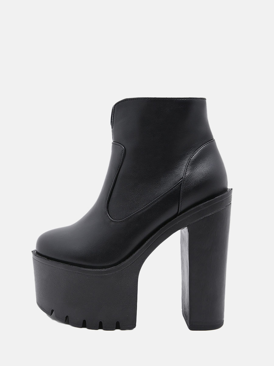 Women's Black PU Lug Sole Platform Block Heels Side Zipper Ankle Boots