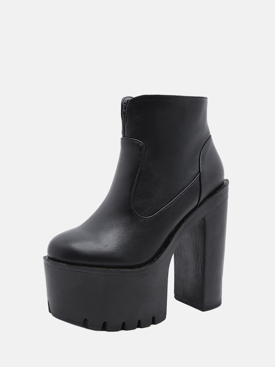 Women’s Black PU Lug Sole Platform Block Heels Side Zipper Ankle Boots (2)