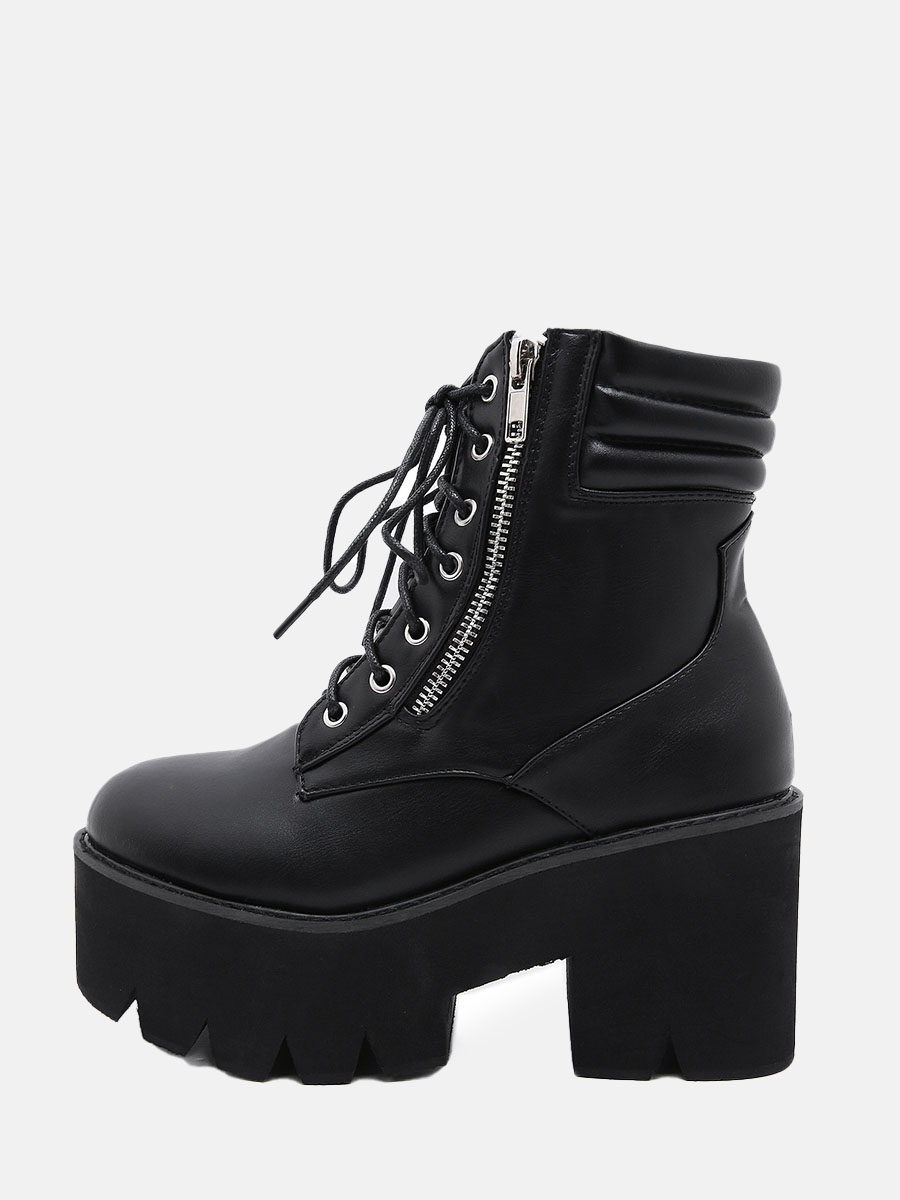 Women's Black PU Side Zipper Platform Block Heels Lace-Up Ankle Boots