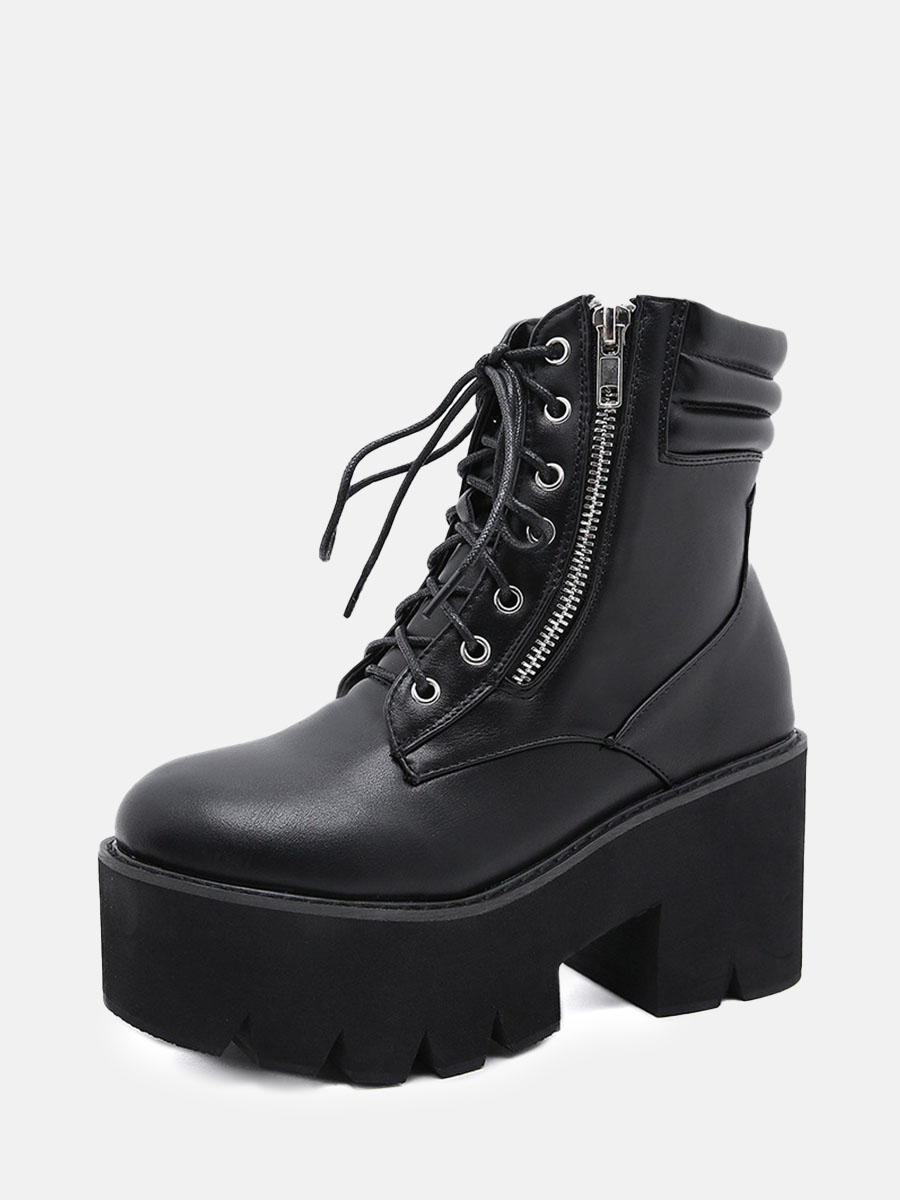 Women’s Black PU Side Zipper Platform Block Heels Lace-Up Ankle Boots (2)