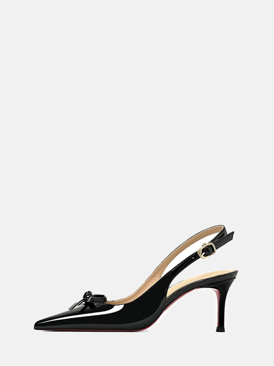 Women's Black Patent Leather Bow Slingback Buckle Stiletto Heels Pumps