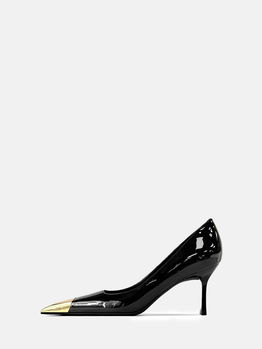 Women's Black Patent Leather Metal Square Toe Stiletto Heels Pumps
