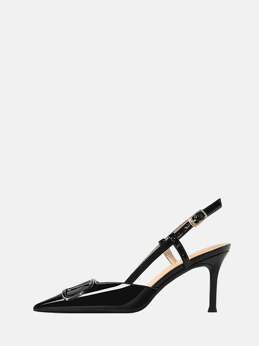 Women's Black Patent Leather V-Buckle Slingback Stiletto Heels Pointed Toe Pumps