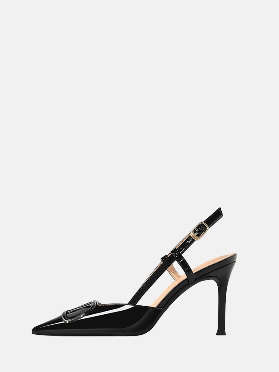 Women’s Black Patent Leather V-Buckle Slingback Stiletto Heels Pointed Toe Pumps (2)
