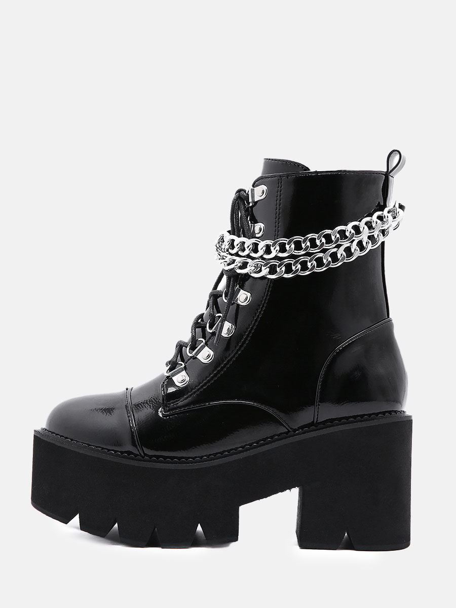 Women's Black Patent PU Lace-Up Chain Decor Lug Sole Platform Block Heels Ankle Boots