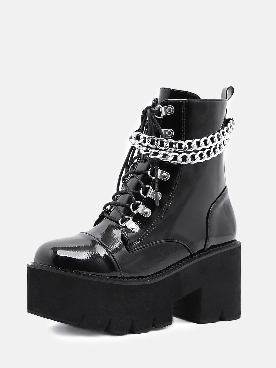 Women’s Black Patent PU Lace-Up Chain Decor Lug Sole Platform Block Heels Ankle Boots (8)