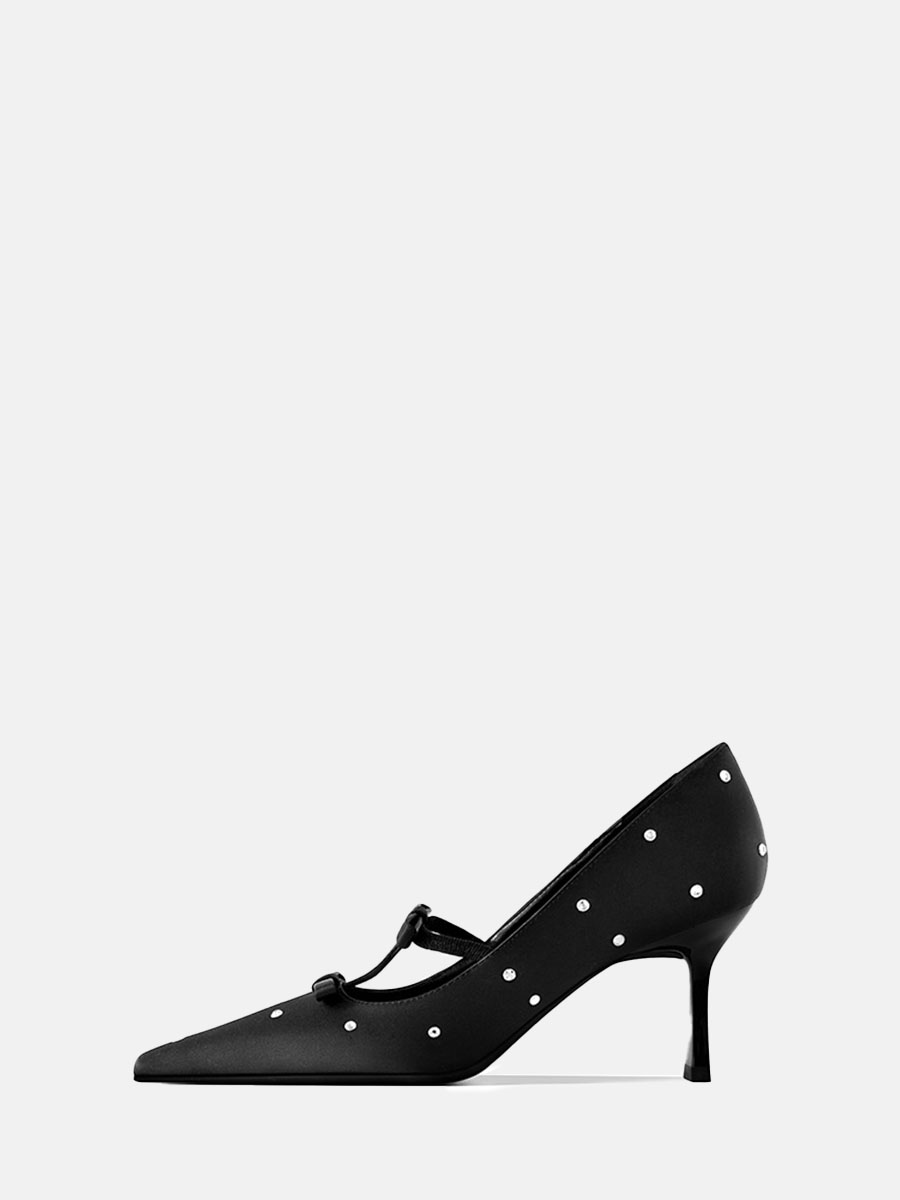 Women's Black Rhinestone Bow Pointed Toe Stiletto Heels Mary Jane Pumps