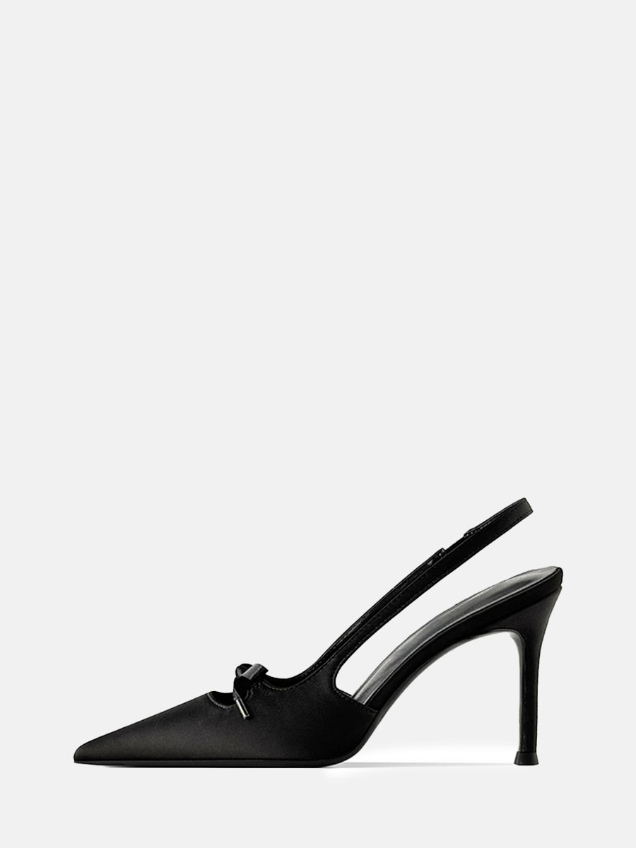 Women’s Black Satin Bows Slingback Stiletto Heels Pointed Toe Pumps (4)
