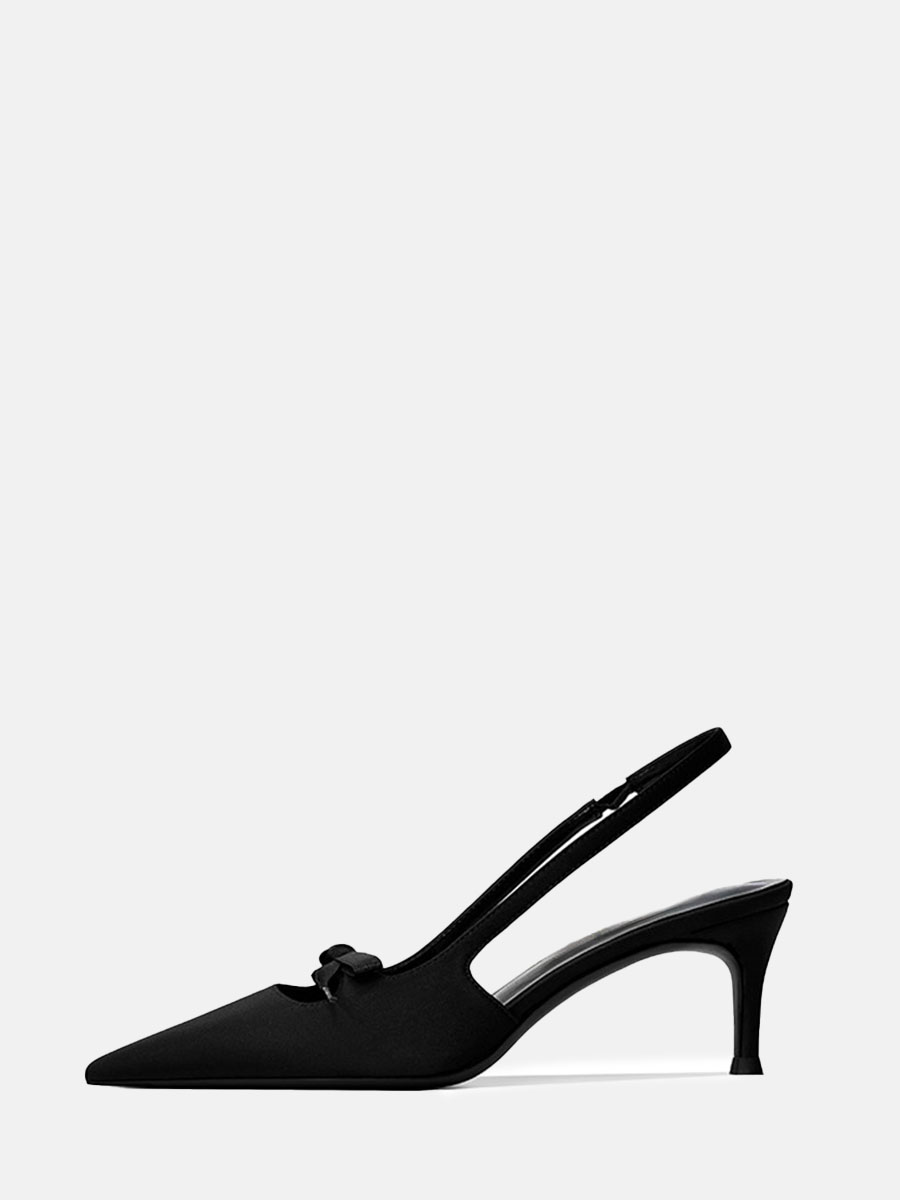 Women's Black Satin Bows Slingback Stiletto Heels Pointed Toe Pumps
